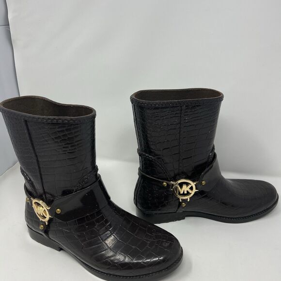 Michael Kors Rain Booties Dark Brown Croc Embossed Equestrian Rubber Rainboot S7 - Picture 3 of 14